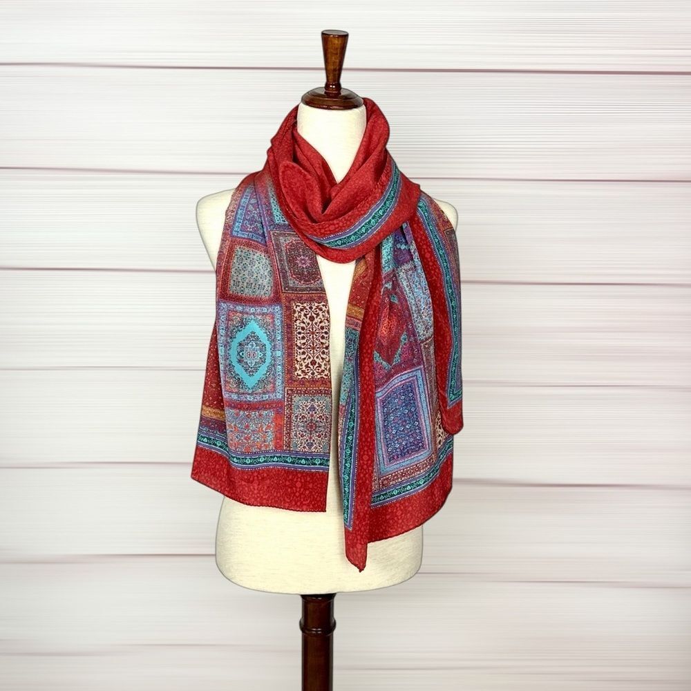 Christina Large Silk Oblong Scarf Wrap Red Oriental Carpet Mosaic Print 19,5x70"